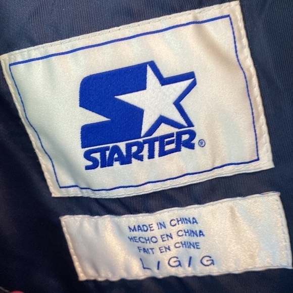 Starter jacket navy blue snap closure lined T patch on left side chest - Picture 3 of 7